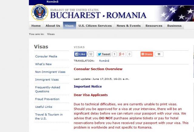 Ambasada SUA la București nu mai poate tipări vize!