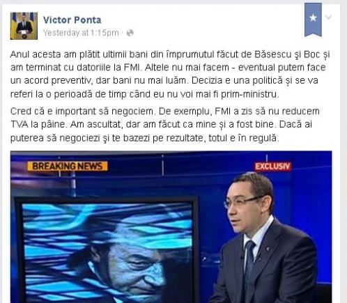 Victor Ponta: Nu mai avem nici un leu datorie la FMI. Am achitat toată suma împrumutată de regimul Băsescu