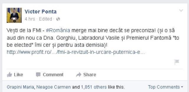 Ponta: Vești de la FMI - ‪România‬ merge mai bine decât se preconiza! Dna. Gorghiu, Labradorul Vasile și Premierul Fantomă o să-mi ceară din nou demisia