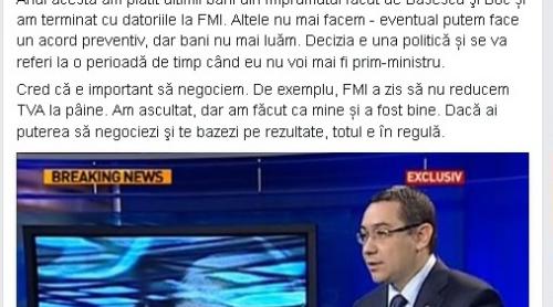 Victor Ponta: Nu mai avem nici un leu datorie la FMI. Am achitat toată suma împrumutată de regimul Băsescu