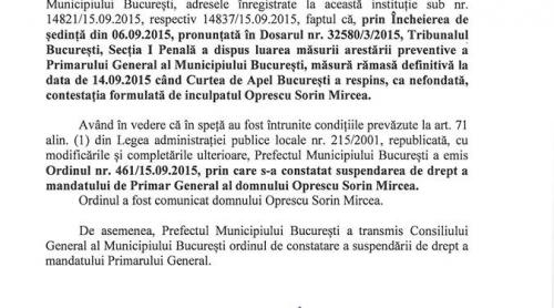 UPDATE: Sorin Oprescu a fost suspendat din funcţia de primar general al Capitalei
