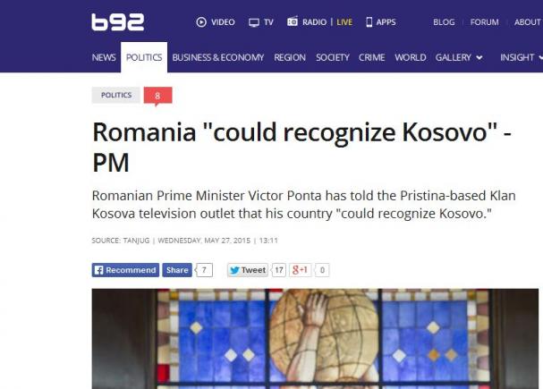 Declarație SURPRINZĂTOARE a lui Ponta: România ar putea recunoaște Kosovo