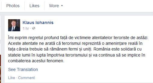 Iohannis își exprimă pe Facebook regretul privind atentatele de vineri. Comunicatul oficial lipsește