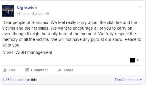 Reacție CIUDATA a celor de la Nightwish.”Să anulăm show-ul doar pentru că niște tâmpiți au dat foc la un club și au murit 32 de persoane?”