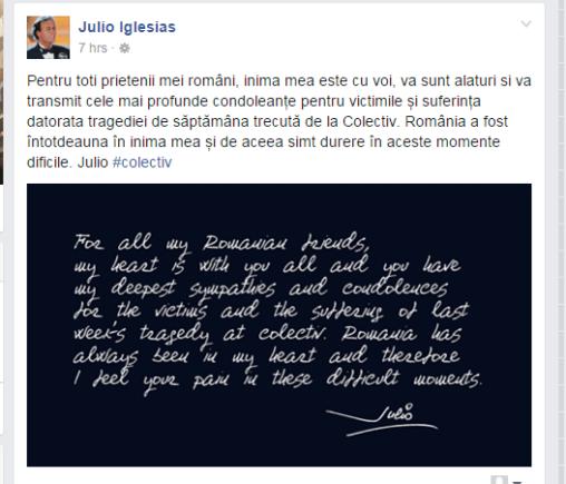 Julio Iglesias, MESAJ pe Facebook, după tragedia din Colectiv: „Inima mea este cu voi (...) simt durere în aceste momente dificile“