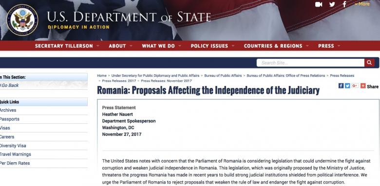 Mesaj al Departamentului de Stat al SUA: Cerem Parlamentului României să respingă propunerile legislative care afectează statul de drept şi lupta anticorupţie