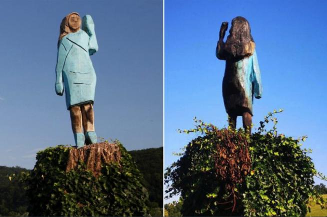 Oribila sculptură în lemn din Slovenia, care o reprezenta pe Melania Trump, a fost incendiată