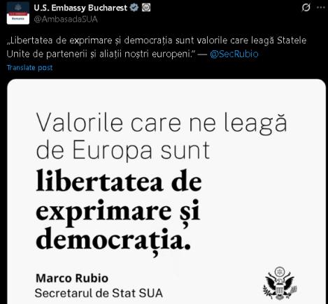 Ambasada SUA în România: ”Valorile care ne leagă de Europa sunt libertatea de exprimare și democrația”