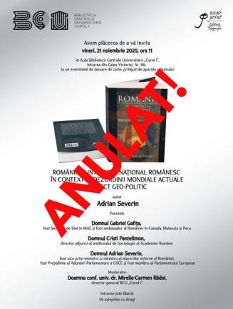 Lbertatea de exprimare în ”democrație” - Biblioteca Centrală Universitară a anulat evenimentul lansării volumului  “România și interesul național românesc în contextul dezordinii mondiale actuale”