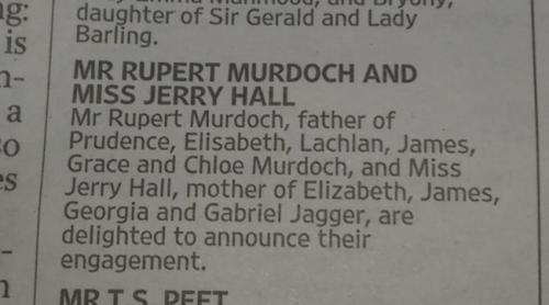 Murdoch, 84 de ani, şi-a anunţat logodna în Times, la rubrica Decese, naşteri şi căsătorii