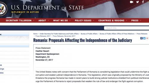 Mesaj al Departamentului de Stat al SUA: Cerem Parlamentului României să respingă propunerile legislative care afectează statul de drept şi lupta anticorupţie
