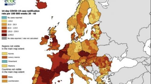 Peste jumătate dintre statele Uniunii Europene sunt în zona roşie de risc epidemic, arată Centrul European pentru Prevenirea și Controlul Bolilor. Pe hartă este și România